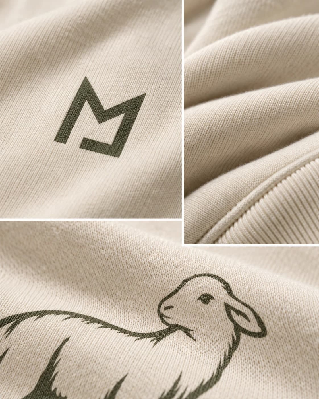 Close crops of a cream garment: the Moed House sigil and a lamb printed in olive, and a ribbed hem